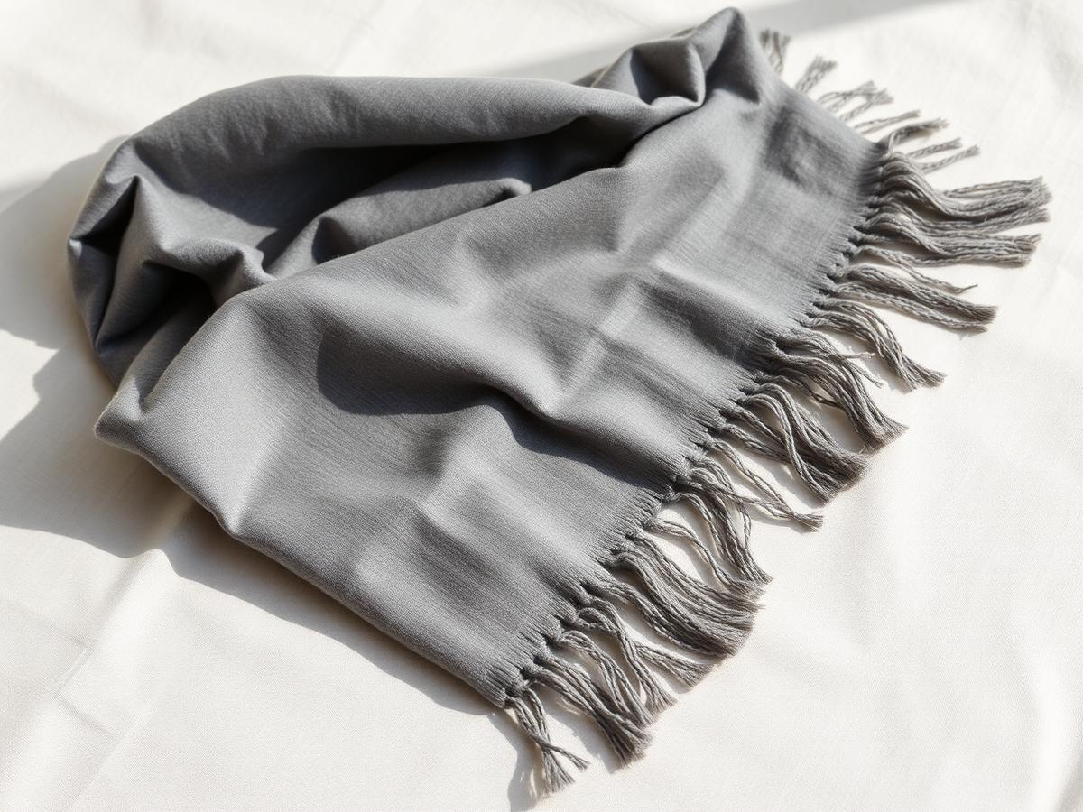 Folded grey Changthangi pashmina shawl on cream linen