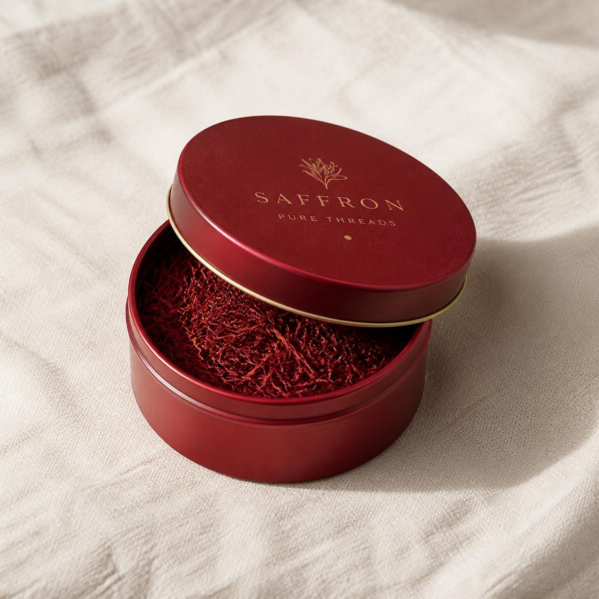 Zafran Co. saffron tin on cream linen, lid ajar showing dark red threads